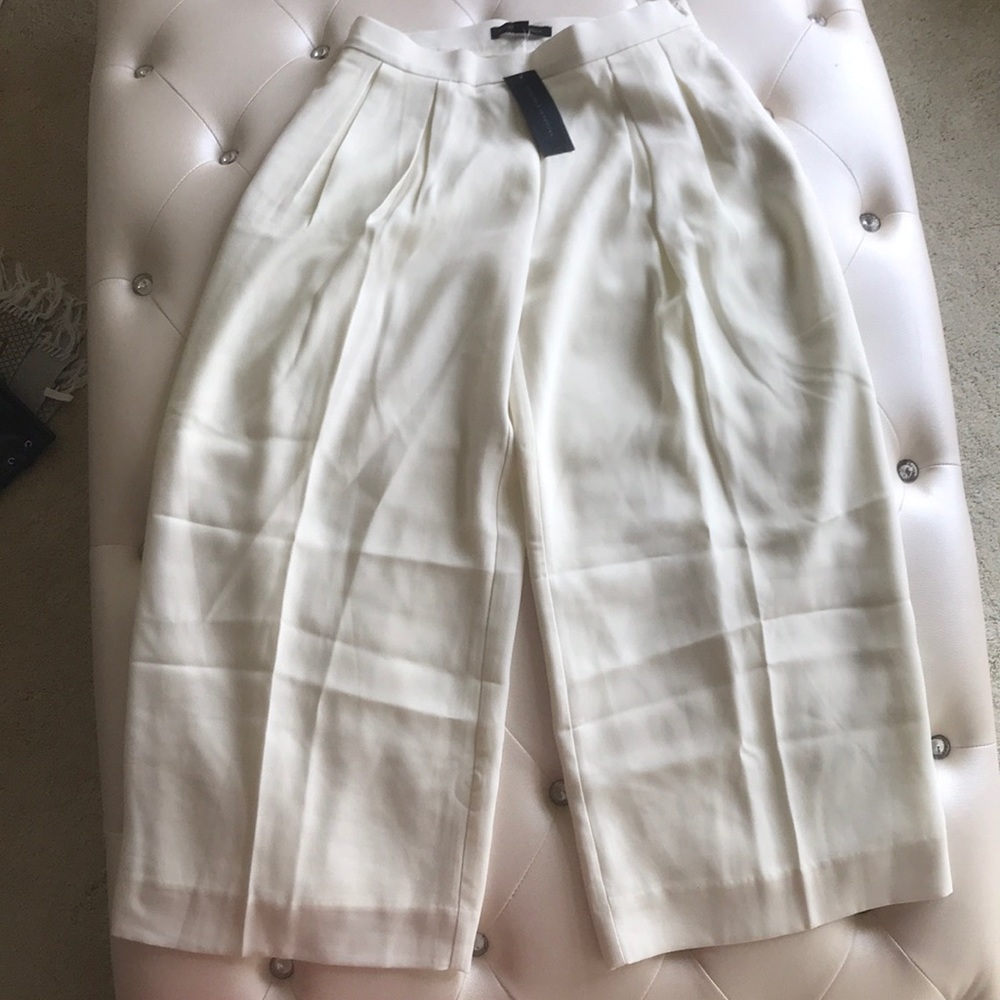 Cream Polyester Ankle Wide Leg Pants